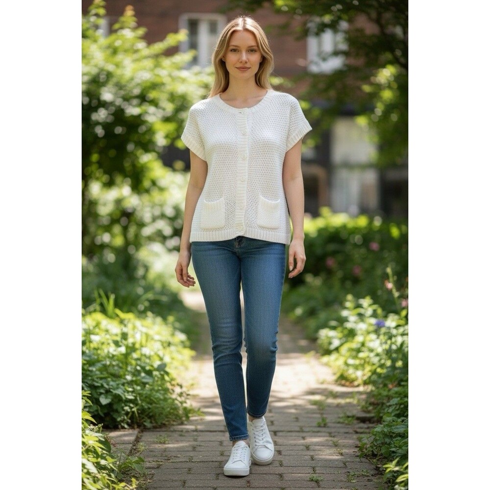 Ami Sanzuri Women’s Tunic Sweater Size M Ivory Cream Y2K Retro Short Sleeve
